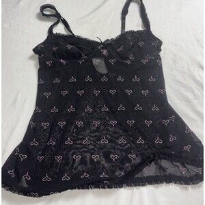 Romantic Erotic Babydoll Lingerie 36B M Black Pink Heart Sheer Lace Trim Sexy W